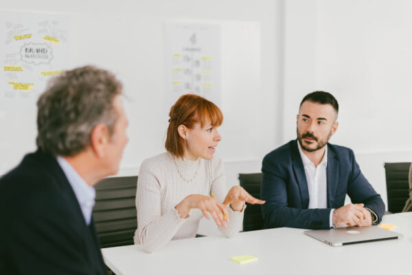 young businesswoman speaking in a business meeting with male colleagues