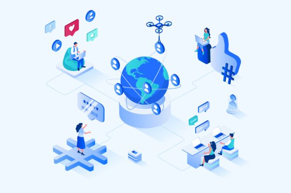 Social network 3d isometric web design. People communicate online with community of friends, view virtual content, like and comment on posts, browsing and online chatting. Vector web illustration